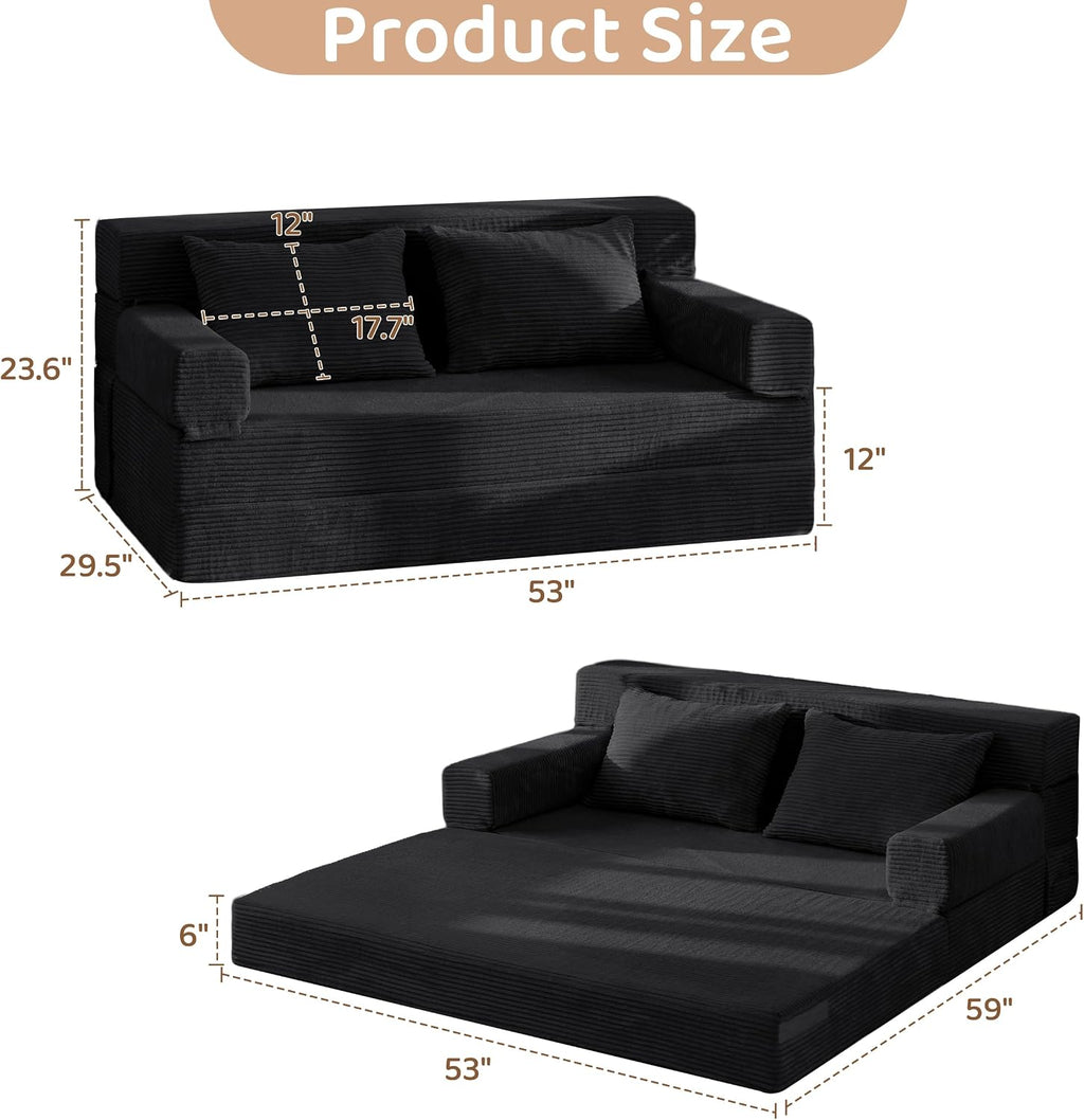 BYBYME Convertible Sofa Bed, 6â Thick 3-Folding Floor Sofa, 53â Loveseat