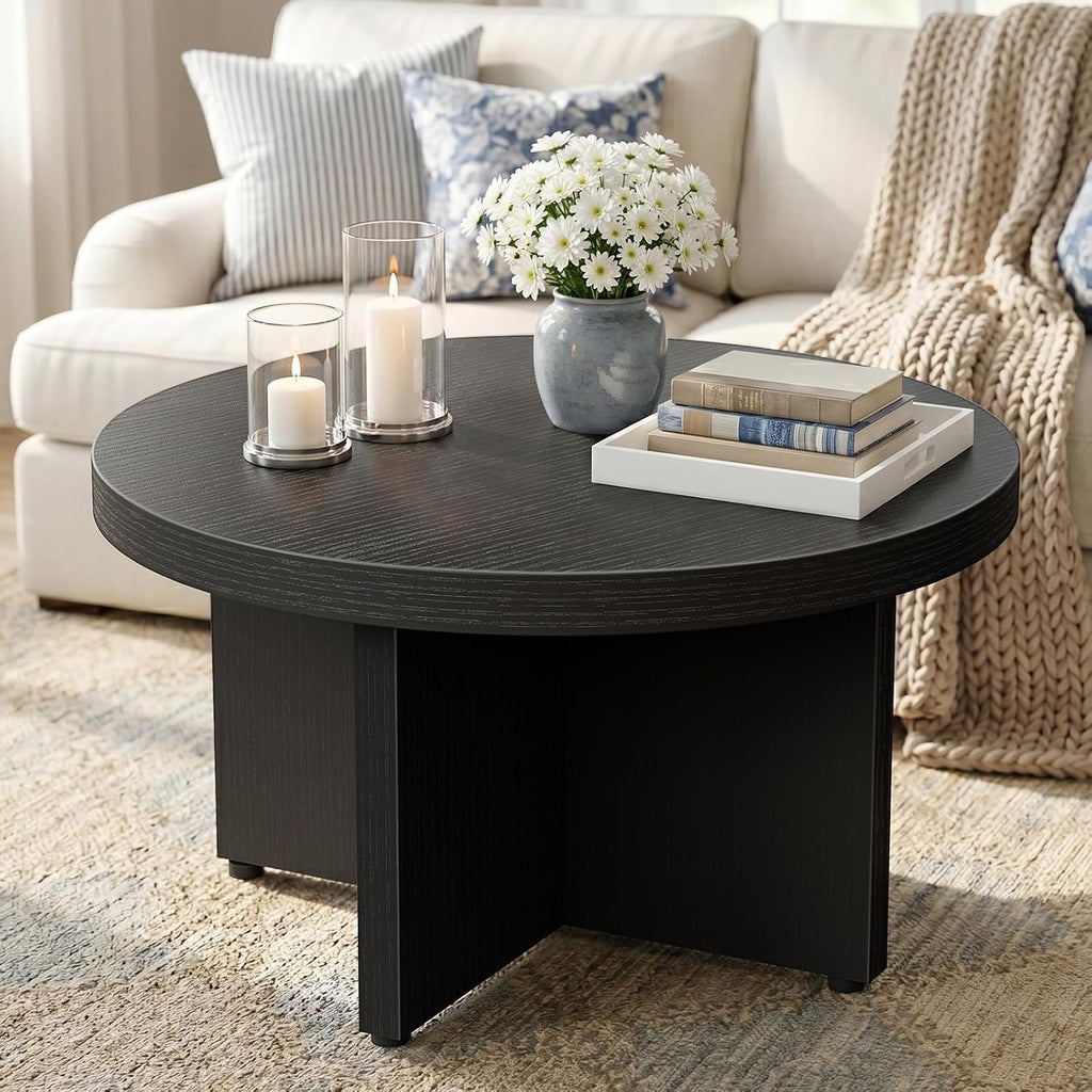 Small Black Round Coffee Table - 30 inch Wood Coffee Tables for Living Room Modern Circle Tea Table Circular Center Table for Apartment