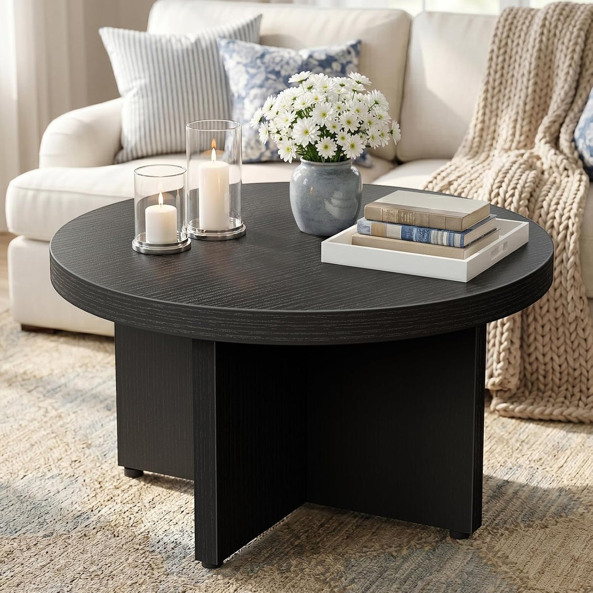 Small Black Round Coffee Table - 30 inch Wood Coffee Tables for Living Room Modern Circle Tea Table Circular Center Table for Apartment