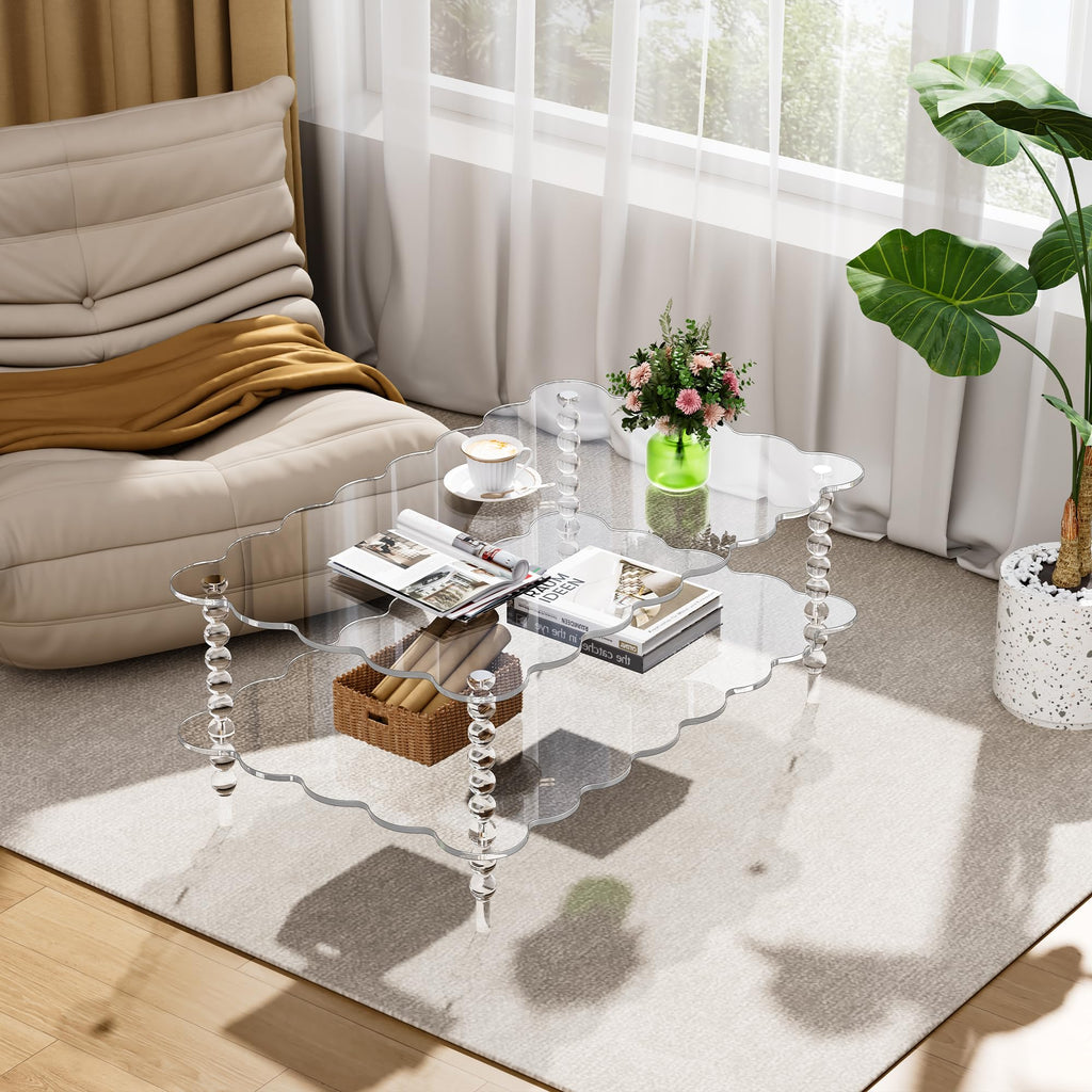 Acrylic Coffee Table, 2-Tier Living Room Table with Storage, Center Table Mid-Modern Century for Living Room, Easy to Assemble (Green, 37.8âÃ23.6âÃ15.7â)