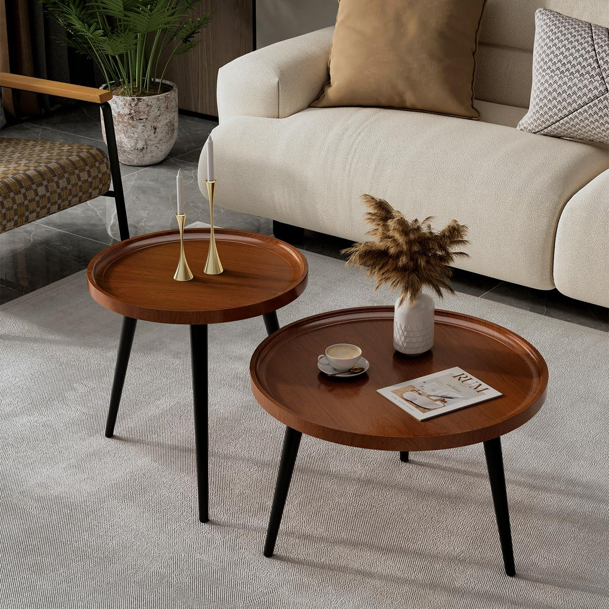2 Pcs Small Oval Coffee Table,31.5" Retro Walnut Coffee Tables Nesting Tables Set,Easy Assembly Mid Century Modern Coffee Tables for Living Room Office,Coffee Table and End Table Sets