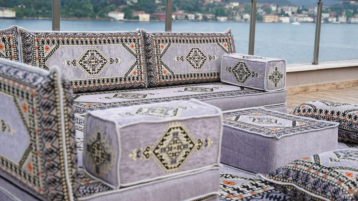 Gray L Shaped Pallet Cushions, Arabic Floor Sofa Set, Oriental Floor Seating, Sectional Floor Cushion, Indoor Floor Pillows, Arabic Majlis Set, Sofa Bed (U Sofa + Rug + Ottoman, 8'' Thickness (20 cm))