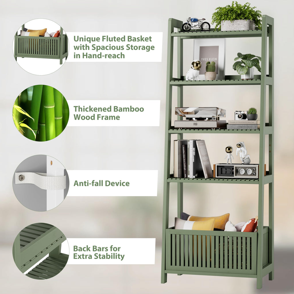 Bamjoy Bamboo Ladder Shelf, Bookshelf with 4 Display Shelves and 1 Open Storage Basket, Multifunctional Storage Rack Organizer for Home Office, Bedroom, Living Room, 66â H Natural