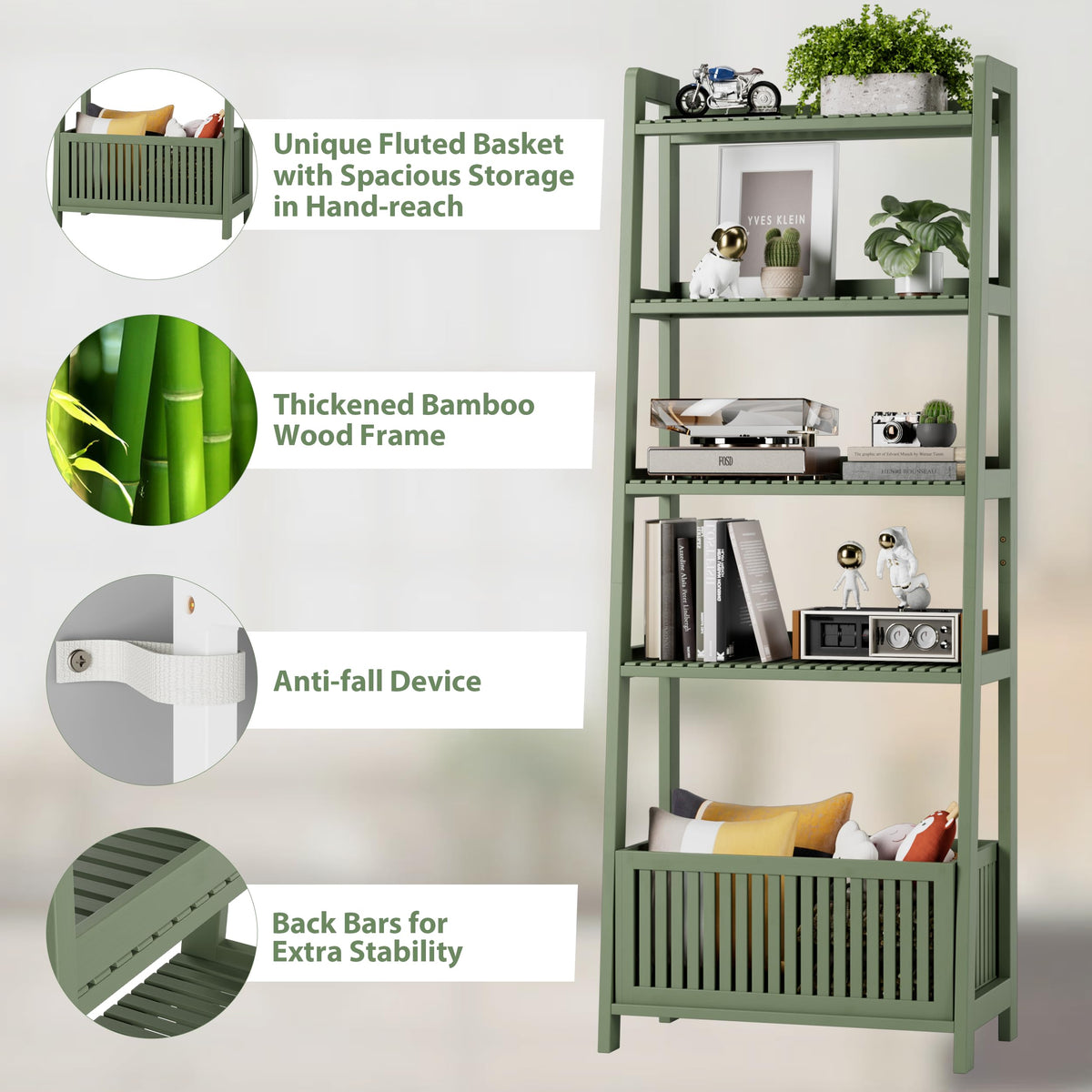 Bamjoy Bamboo Ladder Shelf, Bookshelf with 4 Display Shelves and 1 Open Storage Basket, Multifunctional Storage Rack Organizer for Home Office, Bedroom, Living Room, 66â H Natural