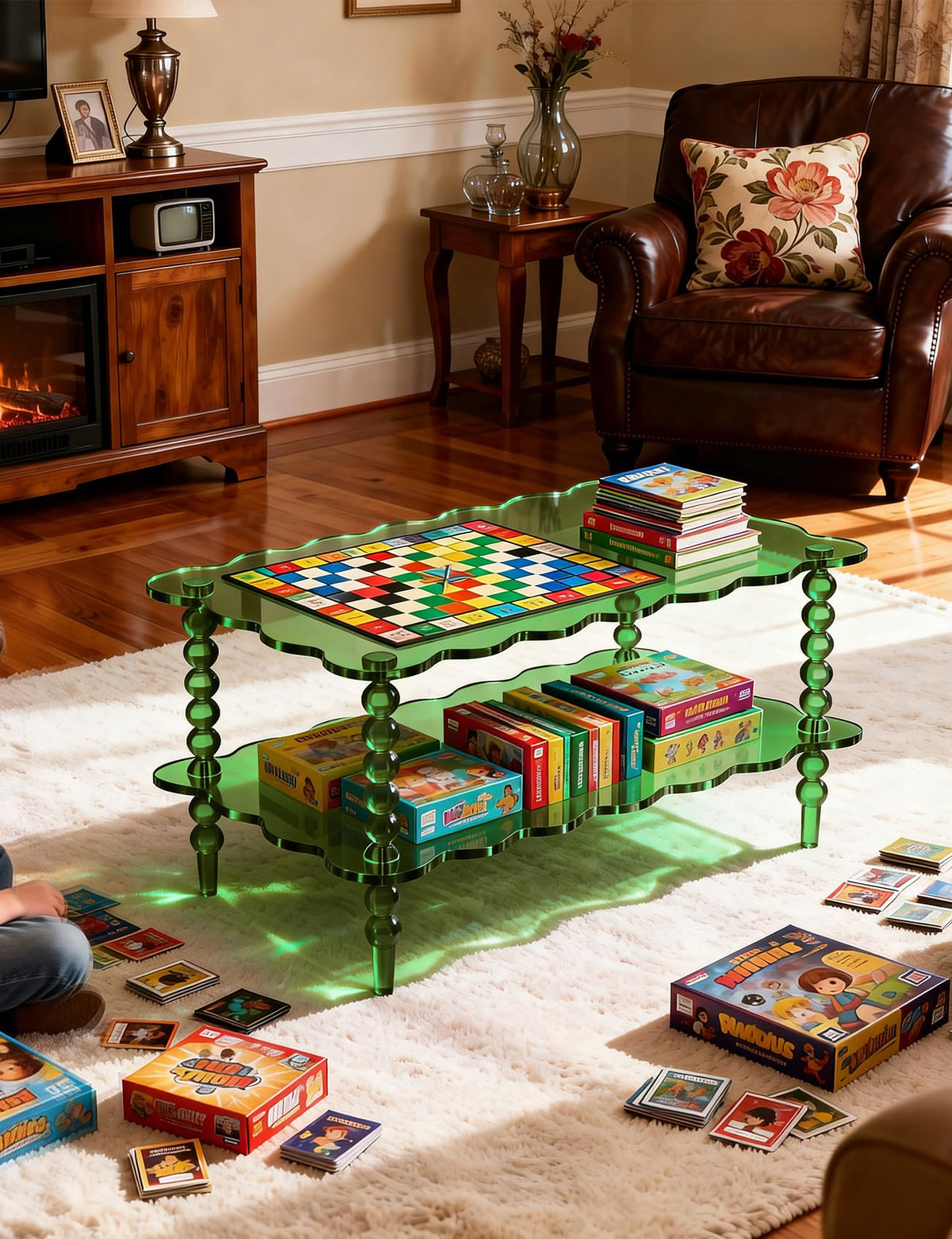 Acrylic Coffee Table, 2-Tier Living Room Table with Storage, Center Table Mid-Modern Century for Living Room, Easy to Assemble (Green, 37.8âÃ23.6âÃ15.7â)