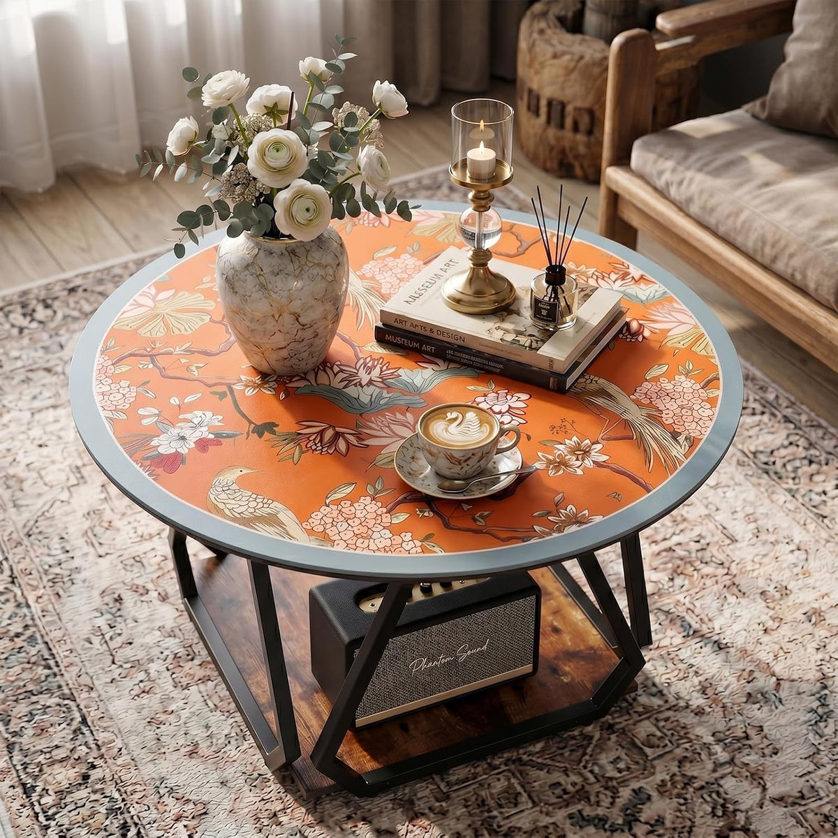 31.5" Round Coffee Table with Orange Table Mat, 2-Tier Circle Center Table