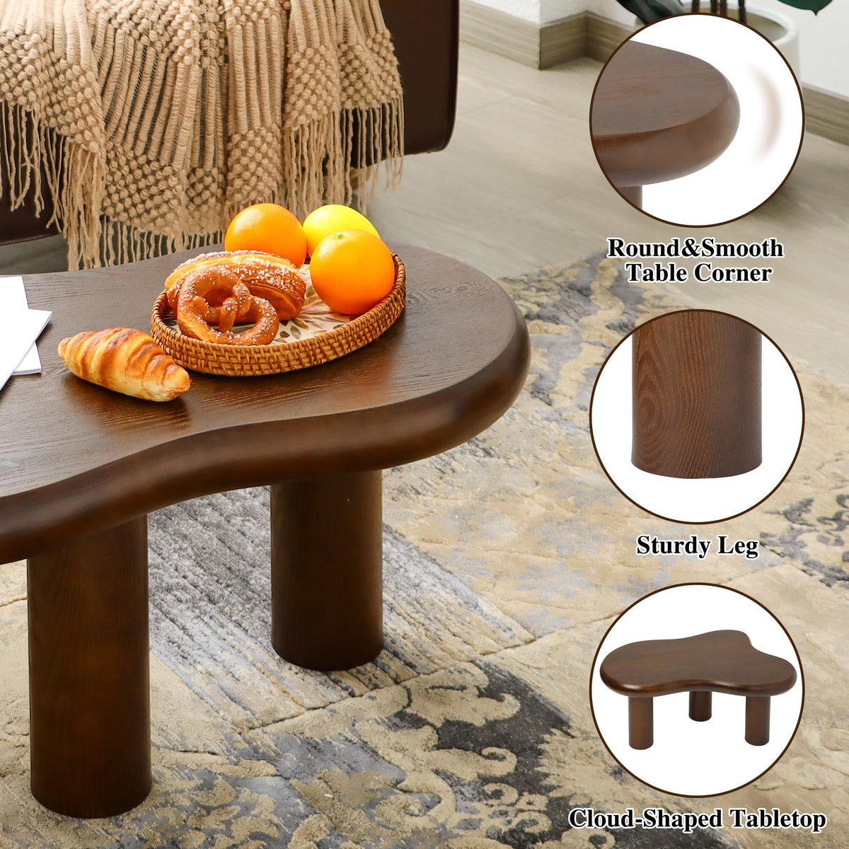 34"(L) Cloud Coffee Table, Modern Wood Coffee Table for Living Room, Accent Center Tables with 3 Legs, Small Tea Tables for Balcony, Patio, Bedroom, Cream White