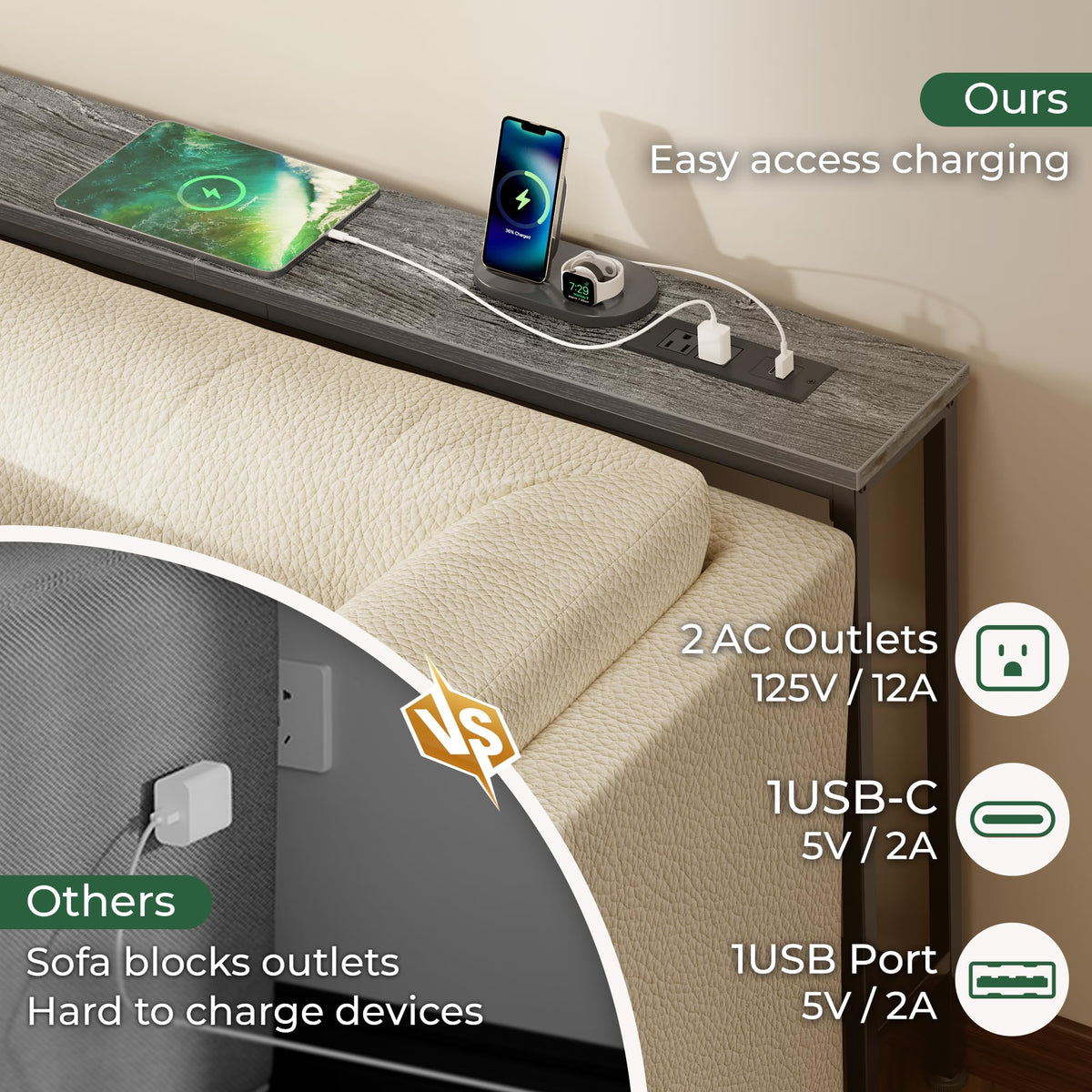 SUPERJARE 110.2 inch Narrow Behind Couch Table with Charging Stations