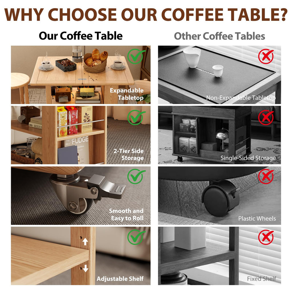 Expandable Coffee Table with Hidden Storage and Adjustable Shelves Walnut