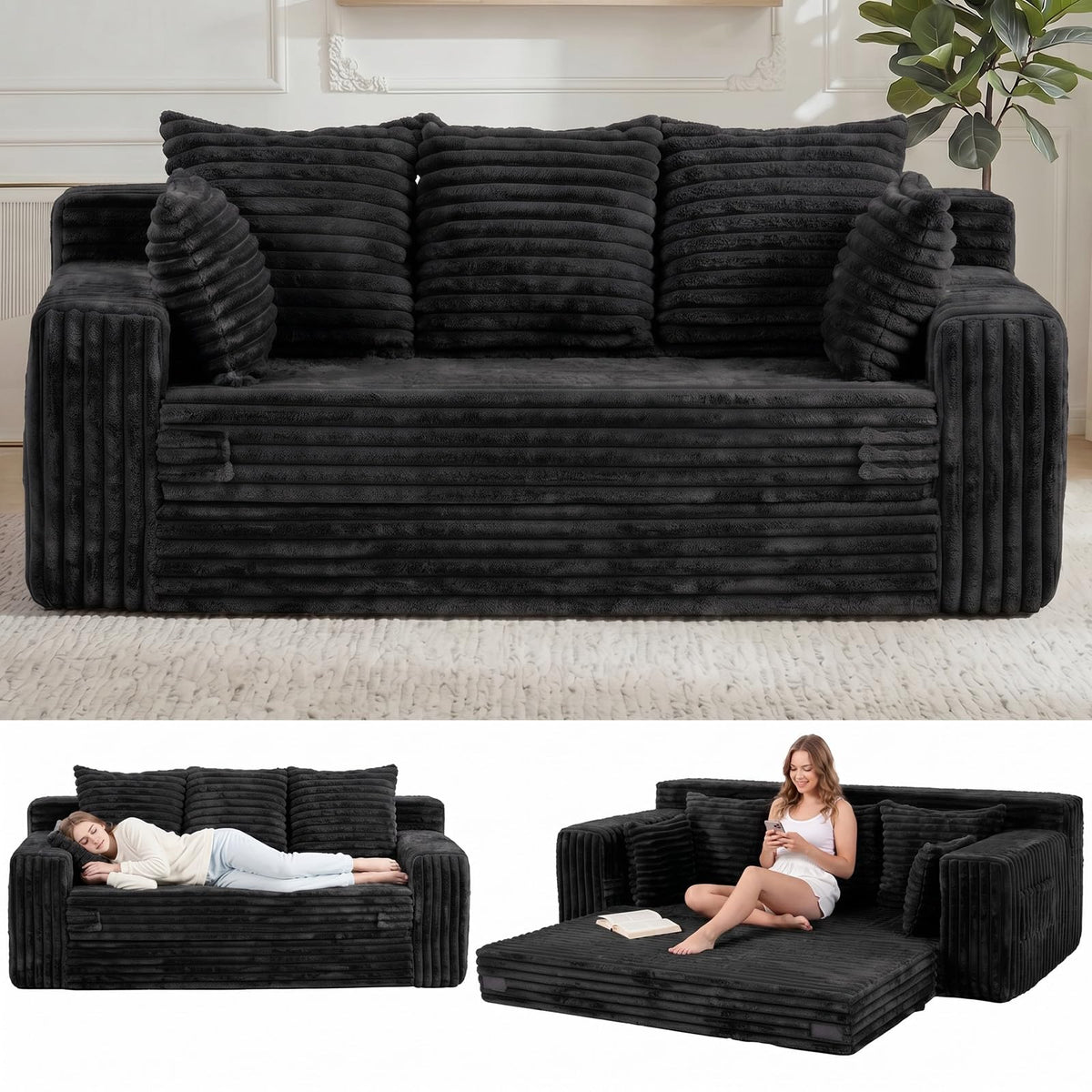 3-in-1 Convertible Sofa Bed: Boneless Loveseat Sleeper & Folding Couch Bed with 4 Pillows & Detachable Cushion, Furry Futon Couch for Bedroom, Apartment, Office and Living Room, No Assembly, Orange