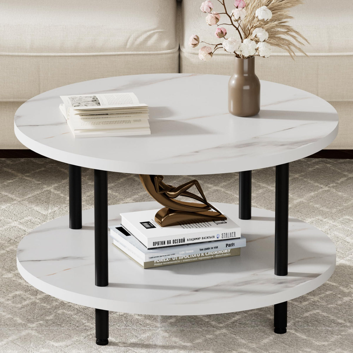 Coffee Tables for Living Room, 27.6" Round Coffee Table, Black Coffee Table