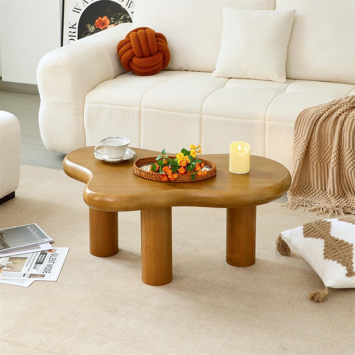 34"(L) Cloud Coffee Table, Modern Wood Coffee Table for Living Room, Accent Center Tables with 3 Legs, Small Tea Tables for Balcony, Patio, Bedroom, Cream White