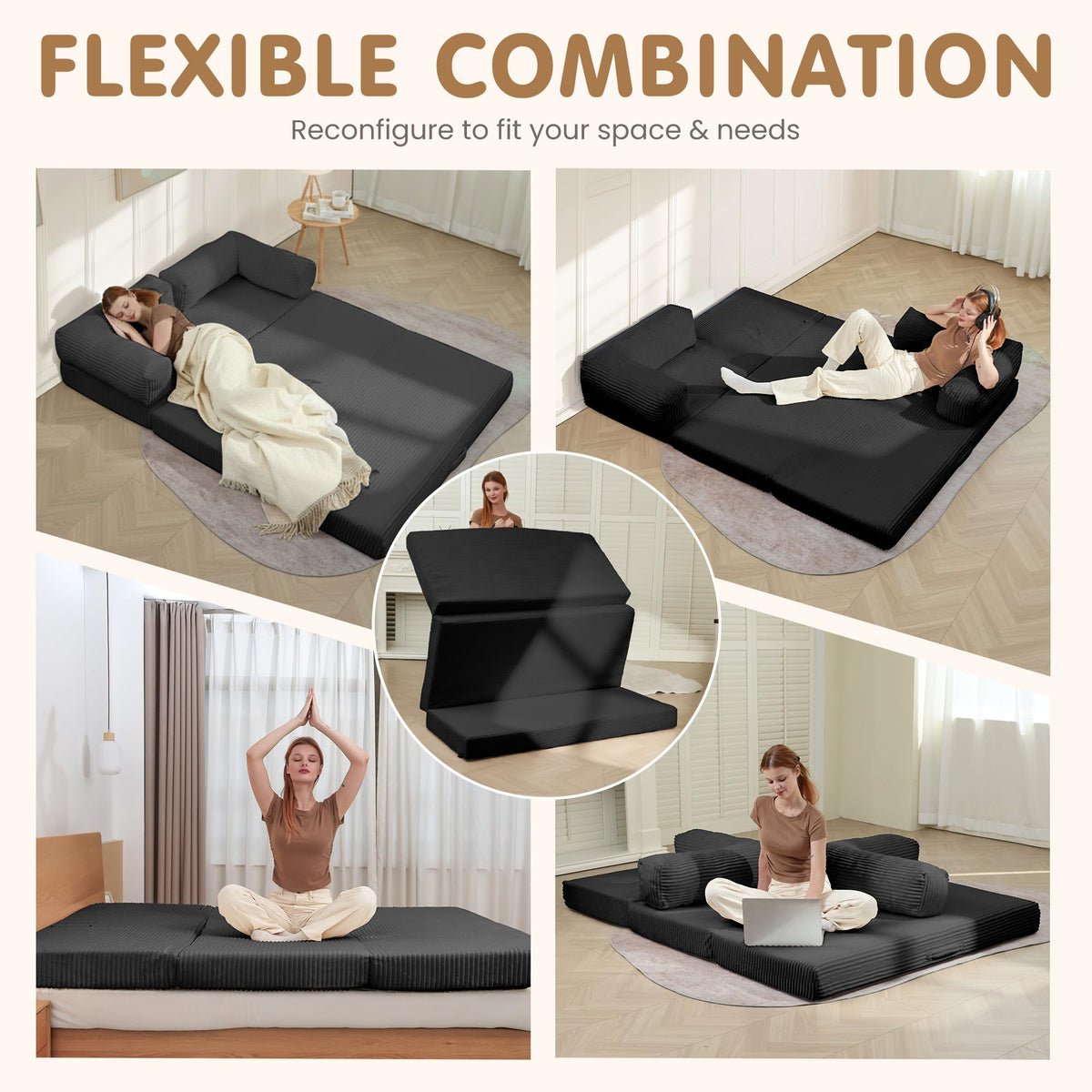 Convertible Sofa Bed Queen,5-in-1 Boneless Couch with Removable Armrests & Handle,Corduroy Futon Sleeper Sofa,Floor Folding Mattress Pull Out Bed for Small Space Apartment Living Room Bedroom,Green