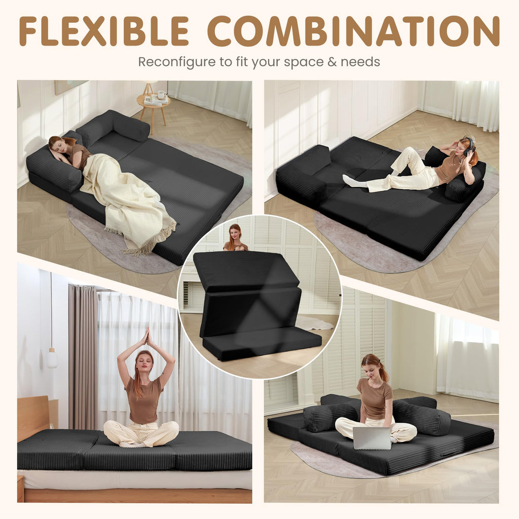 Convertible Sofa Bed Queen,5-in-1 Boneless Couch with Removable Armrests & Handle,Corduroy Futon Sleeper Sofa,Floor Folding Mattress Pull Out Bed for Small Space Apartment Living Room Bedroom,Green