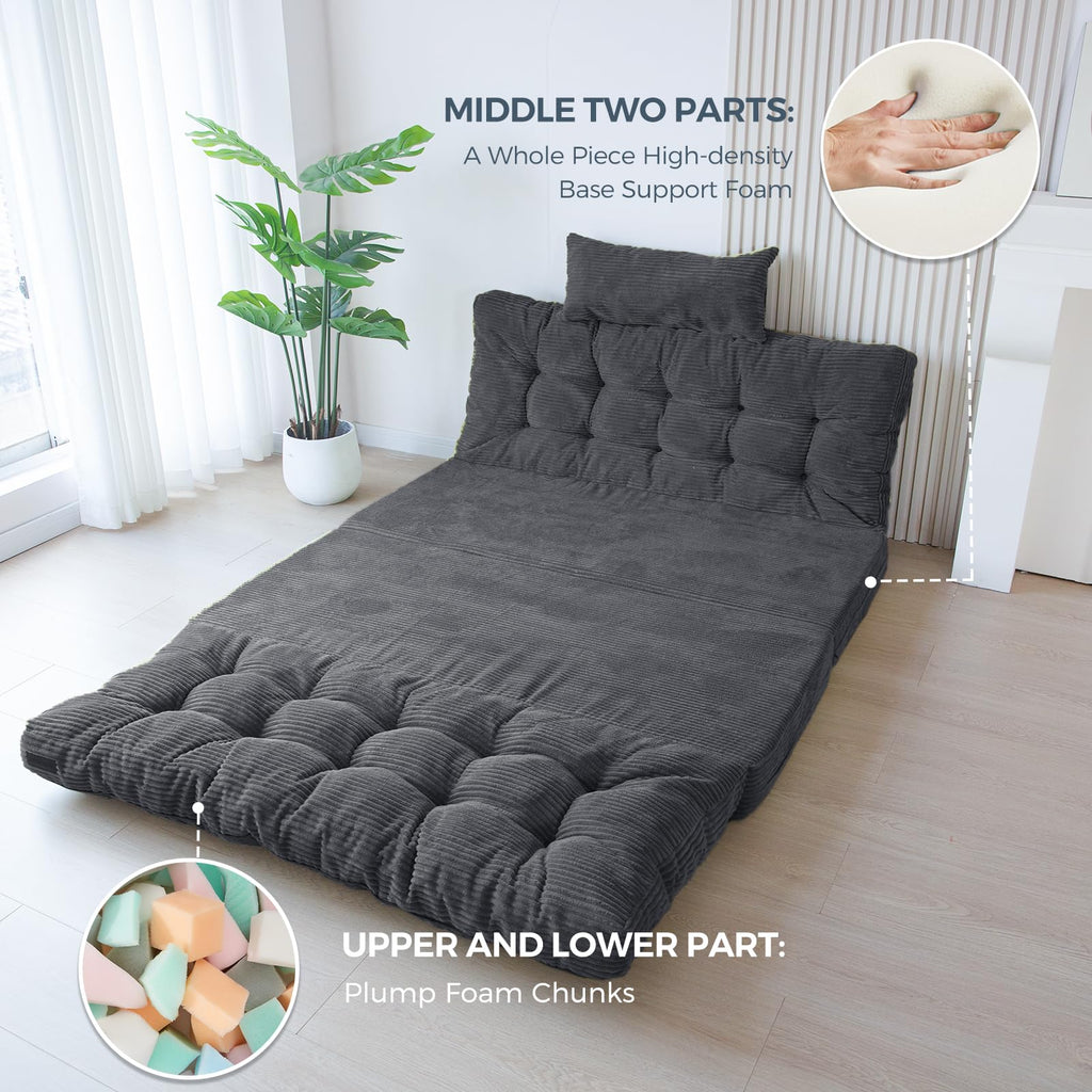 MAXYOYO Folding Sofa Bed, Extra Thick and Long Floor Sofa Convertible Chair with Washable Cover, Floor Couch Lounge Bean Bag Bed for Living Room, Dark Grey, 54x91 Inch