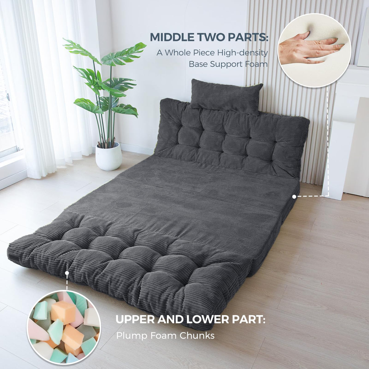 MAXYOYO Folding Sofa Bed, Extra Thick and Long Floor Sofa Convertible Chair with Washable Cover, Floor Couch Lounge Bean Bag Bed for Living Room, Dark Grey, 54x91 Inch