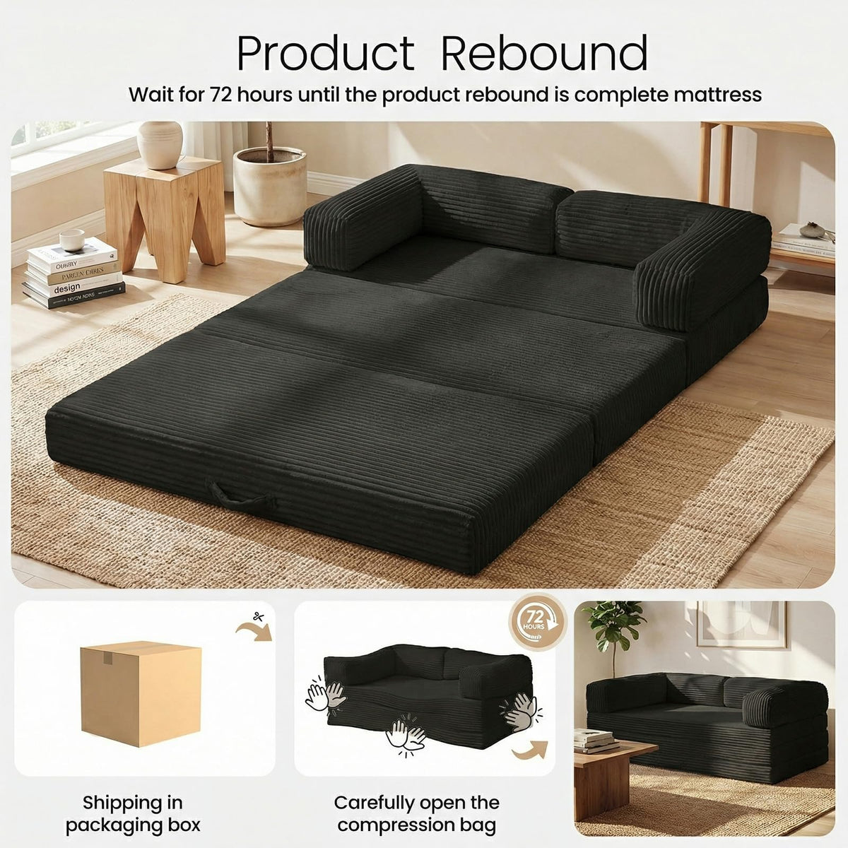 Erament Futon Sofa Bed Queen, Convertible Tri Folding Mattress Foldable with Removable Armrests & Washable Cover, 5-Inch Floor Mattress with High-Density Foam, Small Pull Out Couch Bed, Beige