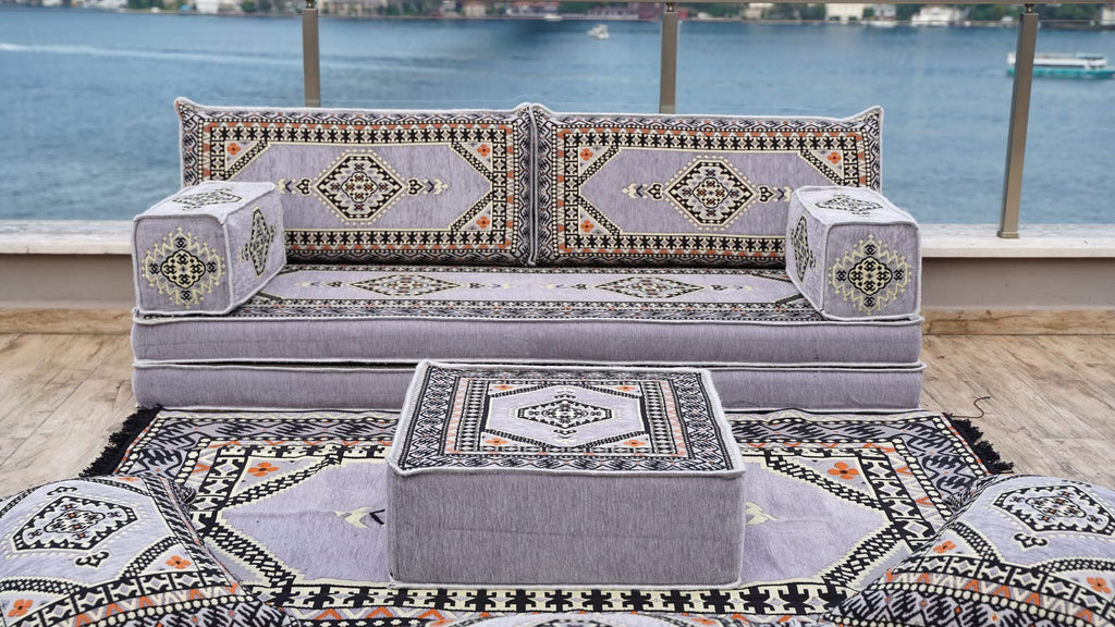 Gray L Shaped Pallet Cushions, Arabic Floor Sofa Set, Oriental Floor Seating, Sectional Floor Cushion, Indoor Floor Pillows, Arabic Majlis Set, Sofa Bed (U Sofa + Rug + Ottoman, 8'' Thickness (20 cm))