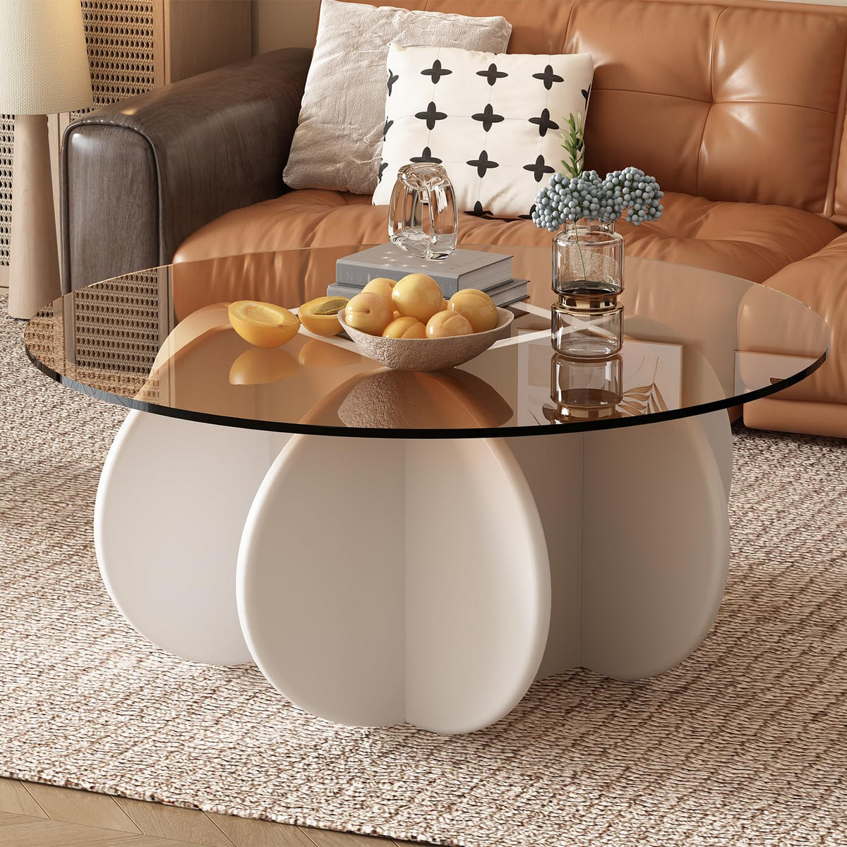 31.5'' Round Coffee Table with Tempered Glass Top, Modern Center Table for Small Spaces - Sturdy Walnut Board Frame, Simple Design for Living Room, Home, Office - Easy Assembly. (Walnut + Brown)