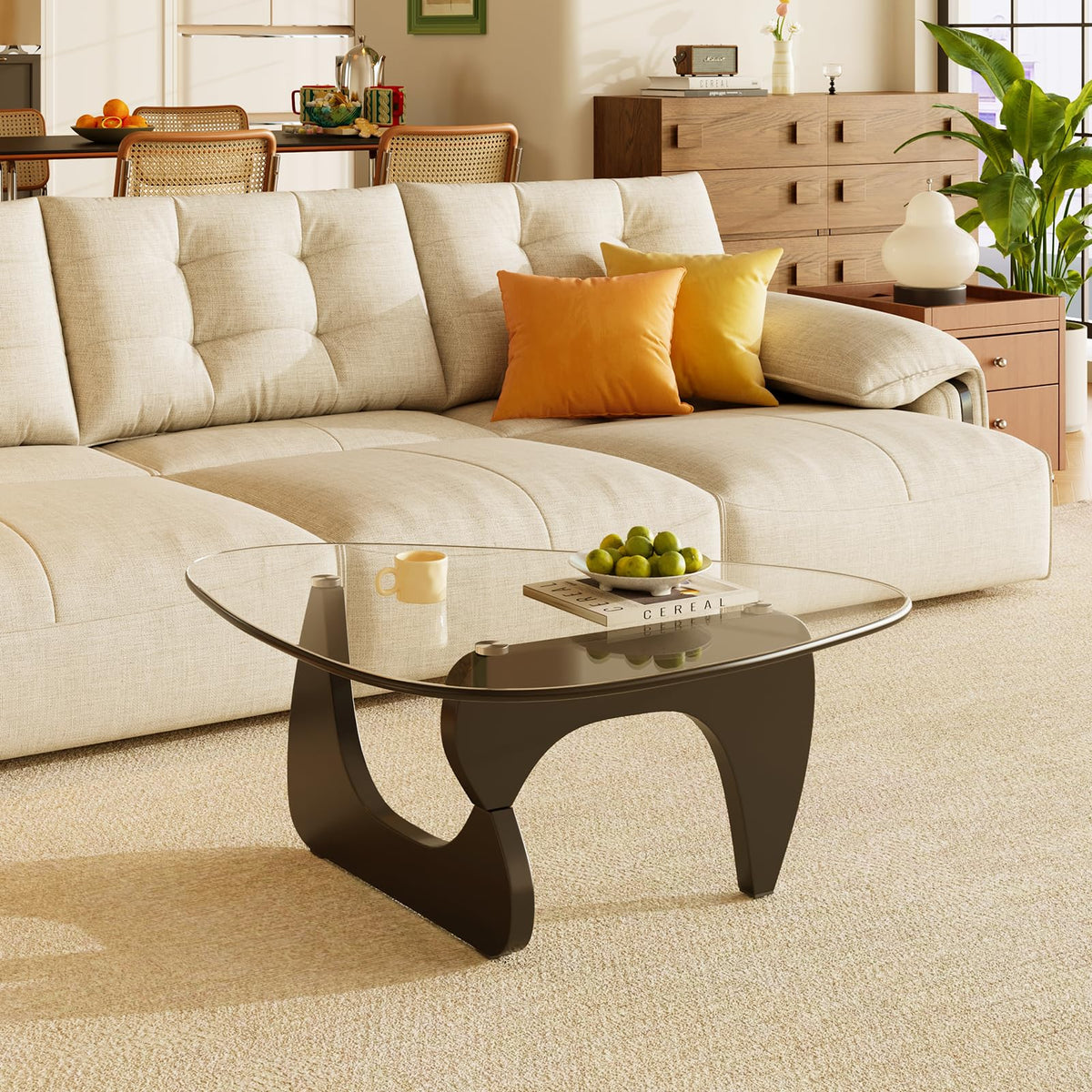 Coffee Tables Glass Small Farmhouse Coffee Table Mid-Century Modern Wood Center Table for Living Room, Walnut Transparent, 32 Inch