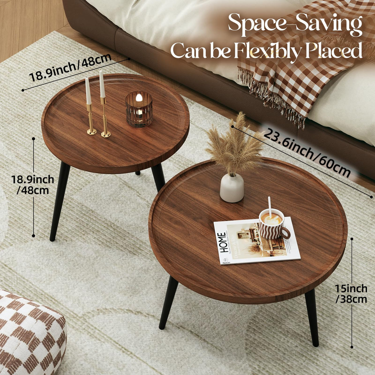 2 Pcs Small Oval Coffee Table,31.5" Retro Walnut Coffee Tables Nesting Tables Set,Easy Assembly Mid Century Modern Coffee Tables for Living Room Office,Coffee Table and End Table Sets