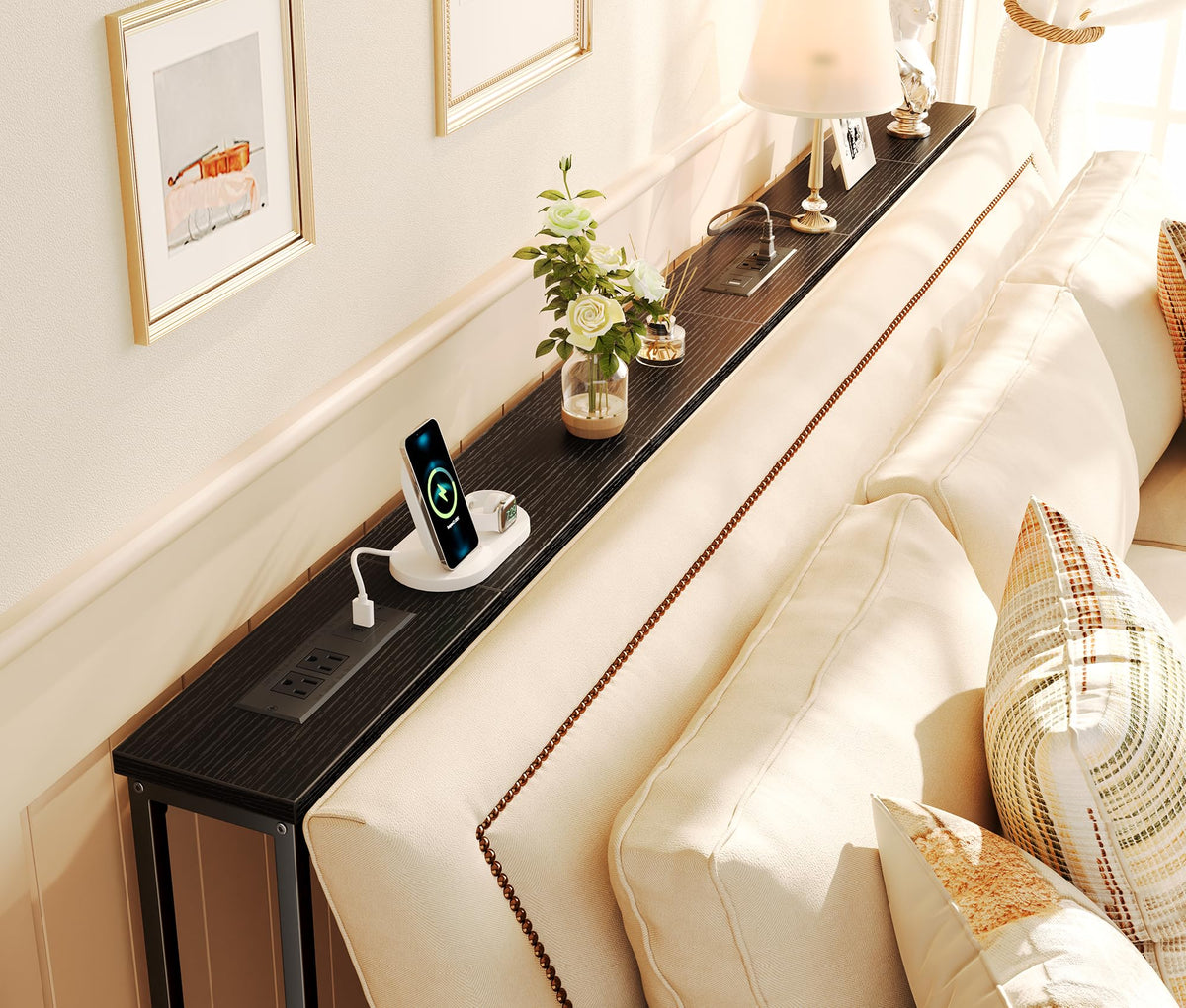 SUPERJARE 110.2 inch Narrow Behind Couch Table with Charging Stations