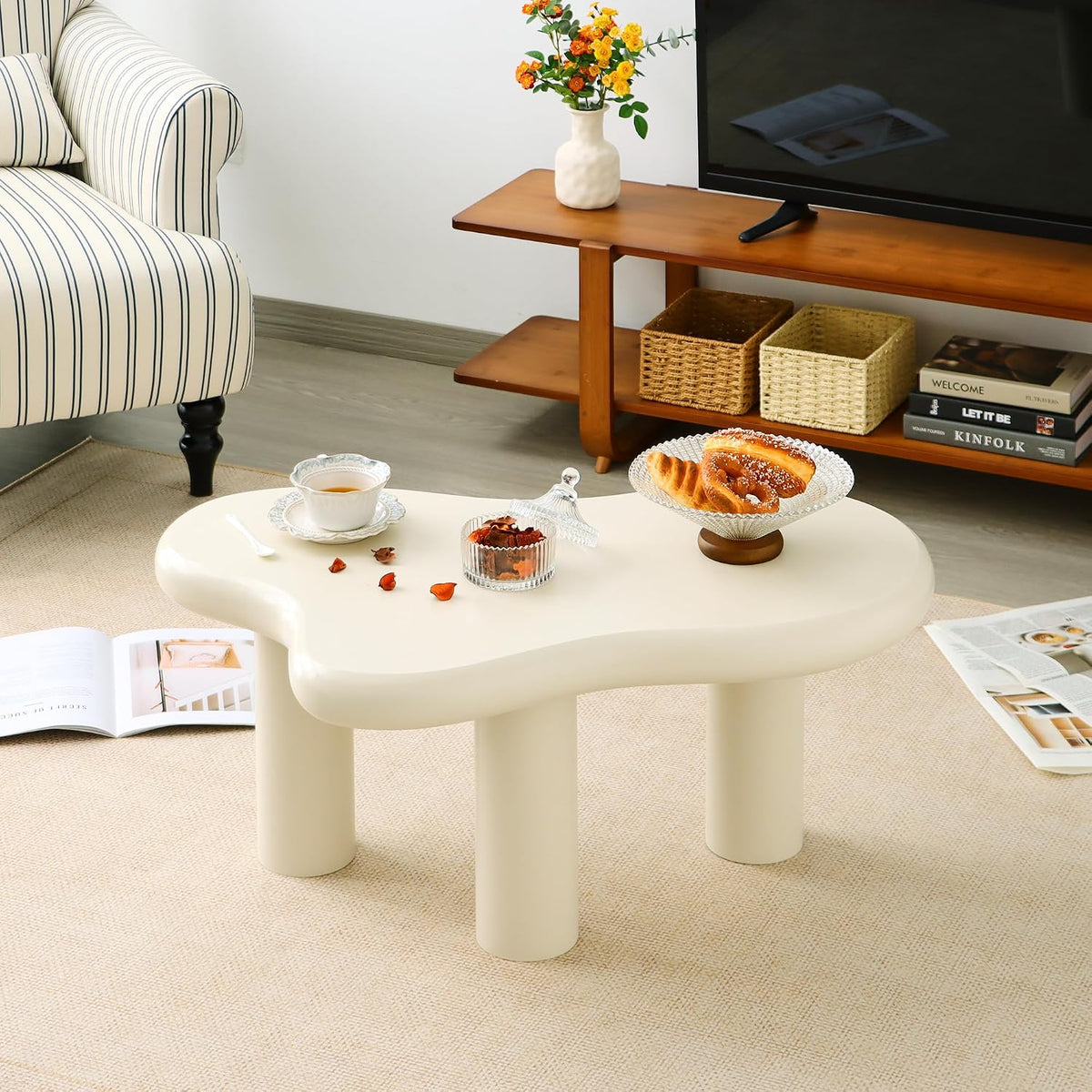 34"(L) Cloud Coffee Table, Modern Wood Coffee Table for Living Room, Accent Center Tables with 3 Legs, Small Tea Tables for Balcony, Patio, Bedroom, Cream White