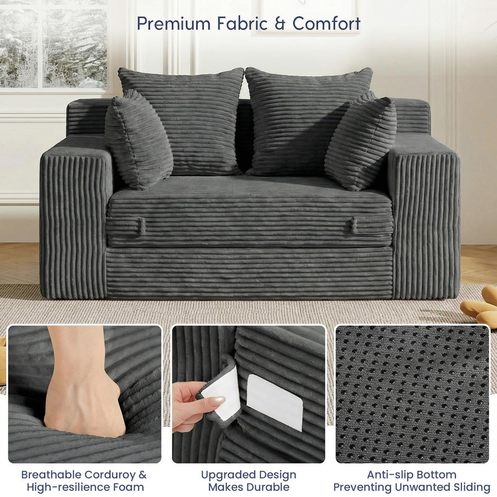 cidludto Convertible Sofa Bed, 3 in 1 Loveseat Folding Couch Bed Foldable - Chaise Lounge Chair & Floor Futon Sofa, Corduroy Pull Out Sofa Bed with 4 Pillows for Living Room, Beige