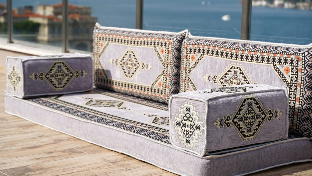Gray L Shaped Pallet Cushions, Arabic Floor Sofa Set, Oriental Floor Seating, Sectional Floor Cushion, Indoor Floor Pillows, Arabic Majlis Set, Sofa Bed (U Sofa + Rug + Ottoman, 8'' Thickness (20 cm))