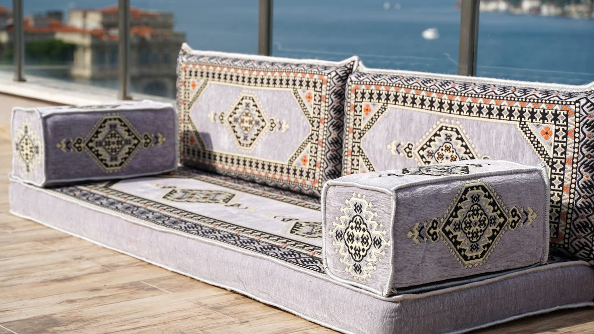 Gray L Shaped Pallet Cushions, Arabic Floor Sofa Set, Oriental Floor Seating, Sectional Floor Cushion, Indoor Floor Pillows, Arabic Majlis Set, Sofa Bed (U Sofa + Rug + Ottoman, 8'' Thickness (20 cm))