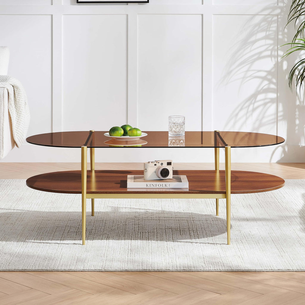 LumFurn Round Coffee Table for Living Room, Mid-Century Modern Design, D30 x H17, 2-Tier Structure, Grey Glass Top and Black Marble Finish Wood Shelf, Sleek Conical Metal Legs with Gold Finish Frame