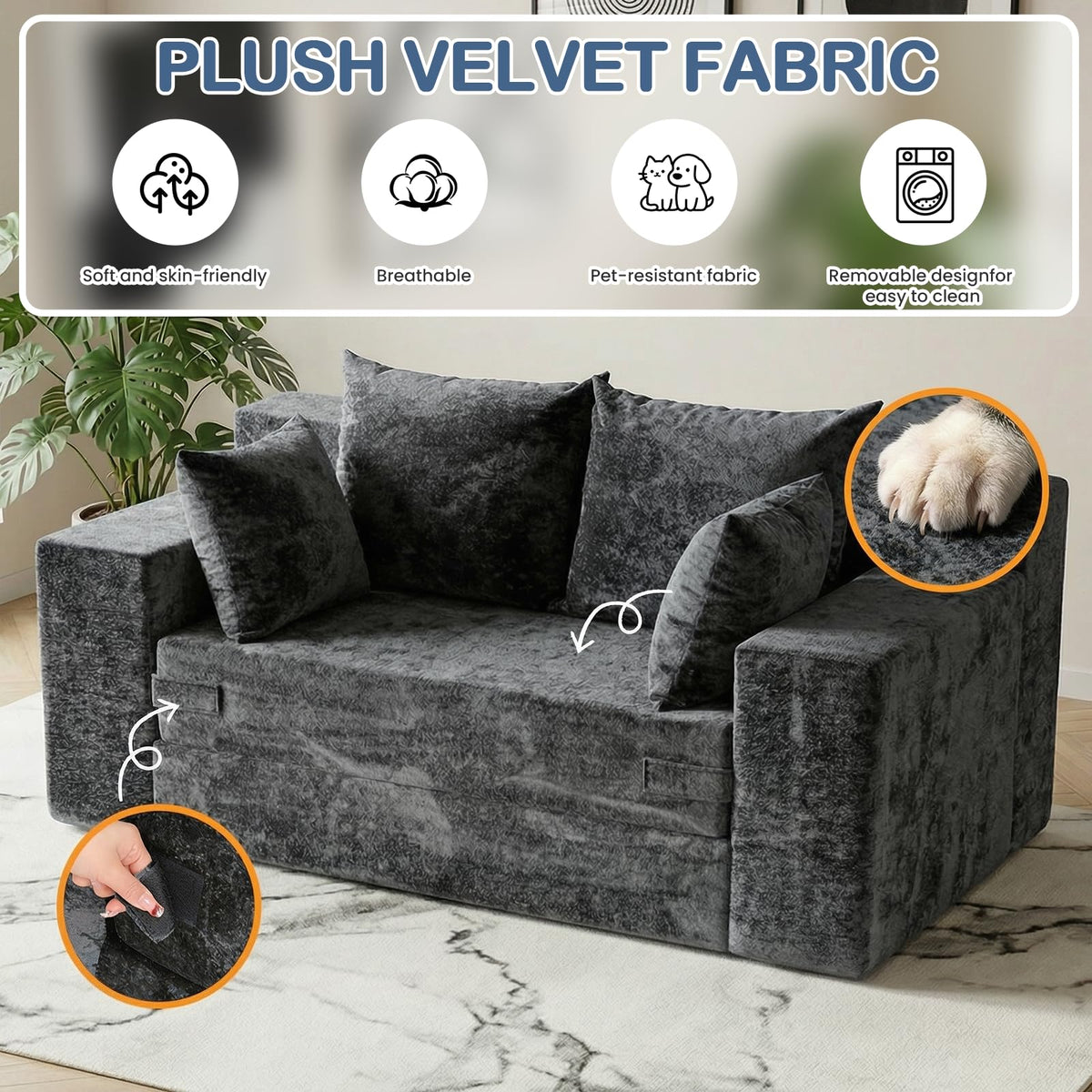 55" Small Boneless Couch, 3-in-1 Boneless Loveseat Sleeper Sofa Bed Convertible Sofa Bed with 4 Pillows, Black Corduroy Boneless Couch for Living Room, Guest Room, Small Space, No Assembly Required