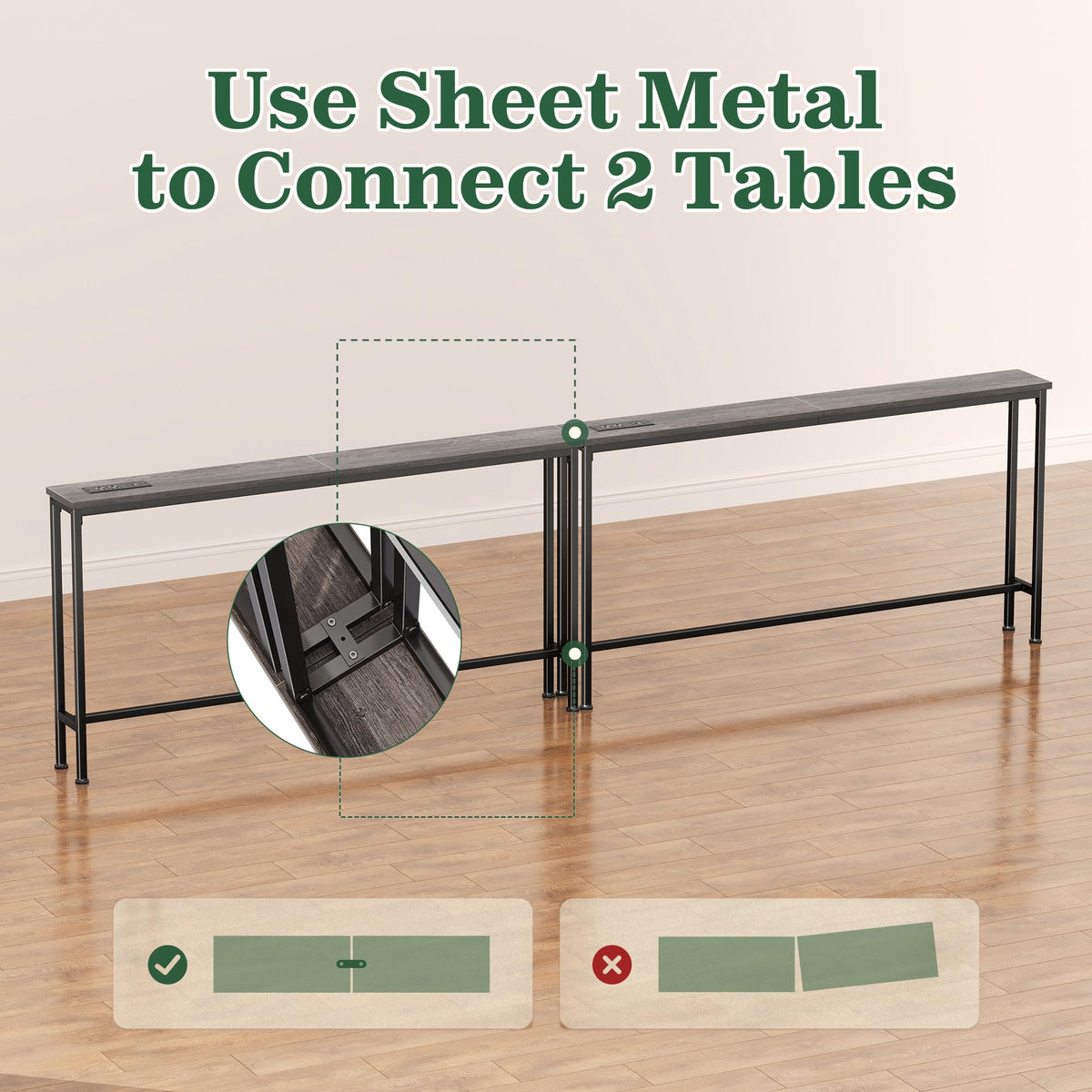 SUPERJARE 110.2 inch Narrow Behind Couch Table with Charging Stations
