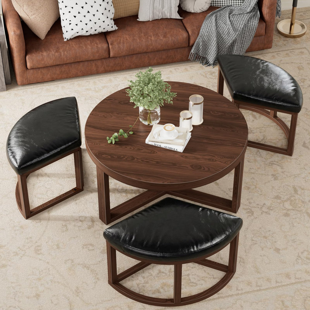 Round Coffee Table with Stools Underneath - 30 Inch Small Modern Tables Set with 3 Chairs Ottomans Seating Seats Black Wood