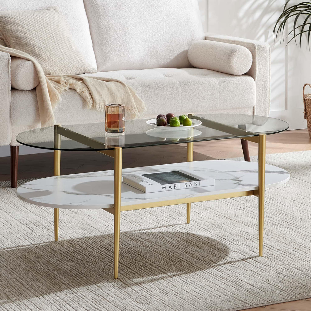 LumFurn Round Coffee Table for Living Room, Mid-Century Modern Design, D30 x H17, 2-Tier Structure, Grey Glass Top and Black Marble Finish Wood Shelf, Sleek Conical Metal Legs with Gold Finish Frame