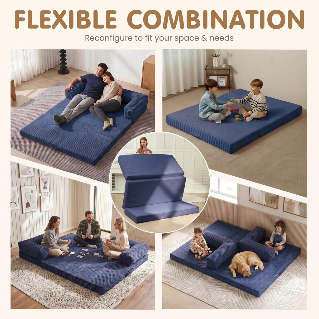 Convertible Sofa Bed Queen,5-in-1 Boneless Couch with Removable Armrests & Handle,Corduroy Futon Sleeper Sofa,Floor Folding Mattress Pull Out Bed for Small Space Apartment Living Room Bedroom,Green