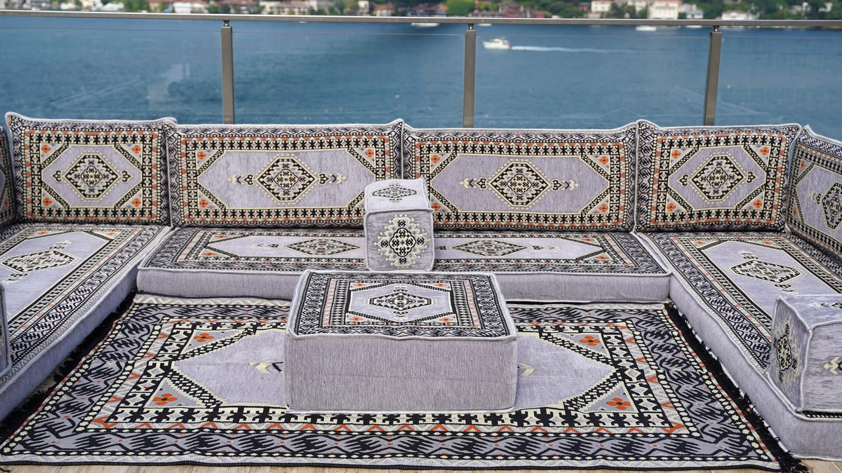 Gray L Shaped Pallet Cushions, Arabic Floor Sofa Set, Oriental Floor Seating, Sectional Floor Cushion, Indoor Floor Pillows, Arabic Majlis Set, Sofa Bed (U Sofa + Rug + Ottoman, 8'' Thickness (20 cm))
