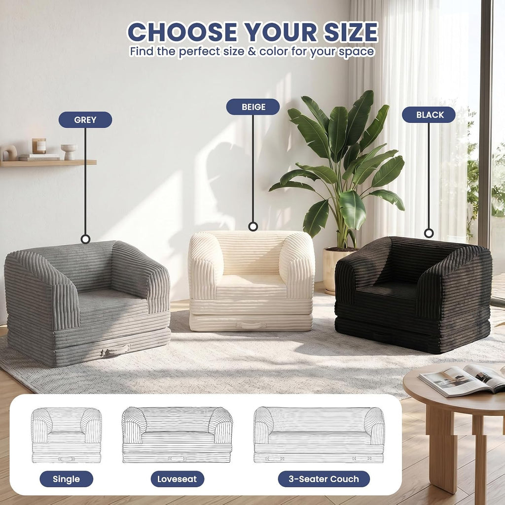 Convertible Folding Sofa Bed, 2-in-1 Single Boneless Sofa with Soft Corduroy & Ultra-Thick Backrest, Foldable Boneless Chair Lounger Sleeper Sofa for Small Apartment, Living Room, Home Office