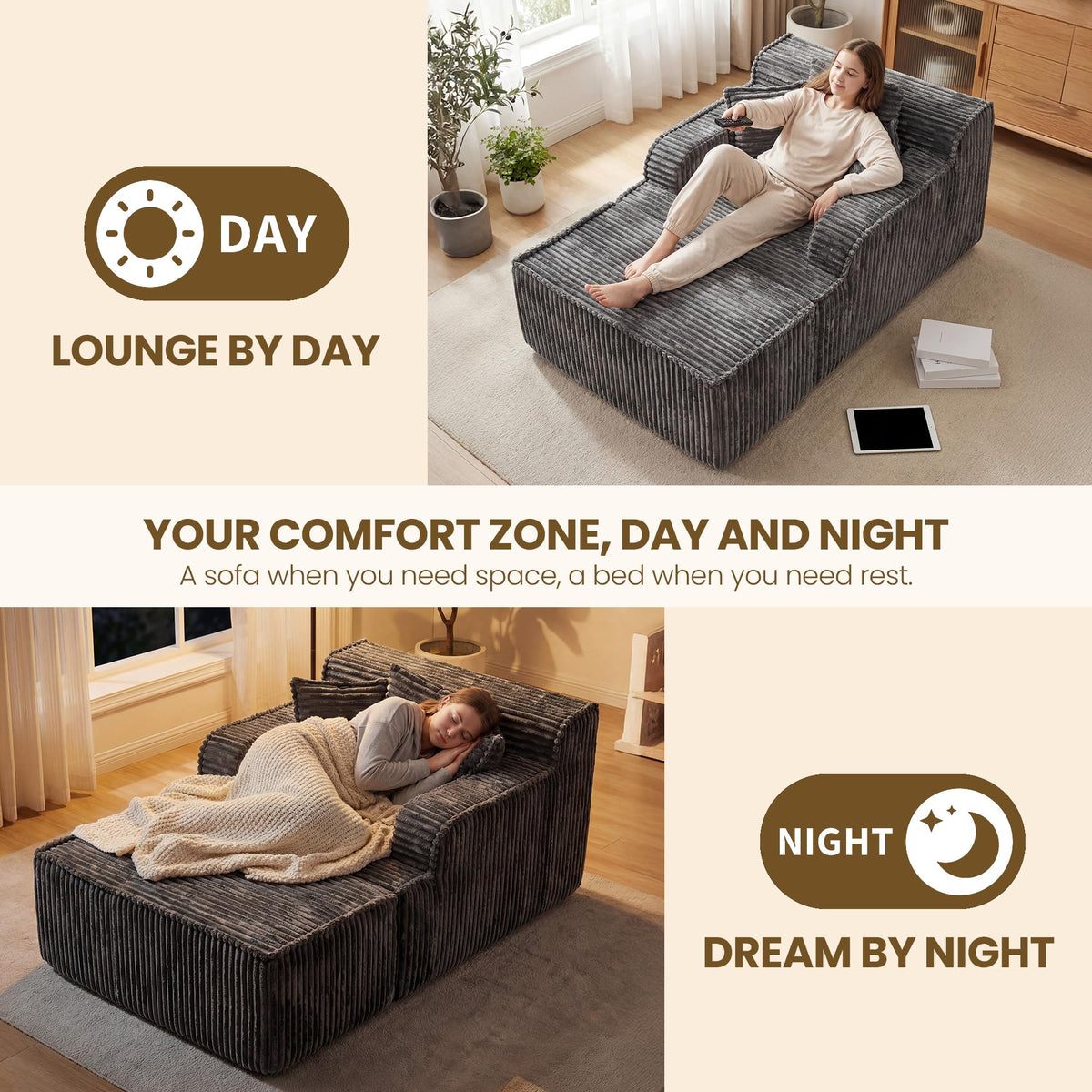 Chaise Lounge Chair Indoor,Boneless Chair with Ottoman,Comfy Reading Chair for Adults,Small Sofa Bed Couch for Living Room,Single Sleeper Chair Bed,Beige