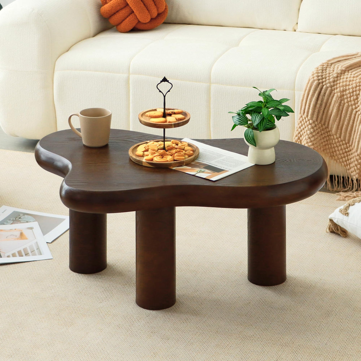 34"(L) Cloud Coffee Table, Modern Wood Coffee Table for Living Room, Accent Center Tables with 3 Legs, Small Tea Tables for Balcony, Patio, Bedroom, Cream White
