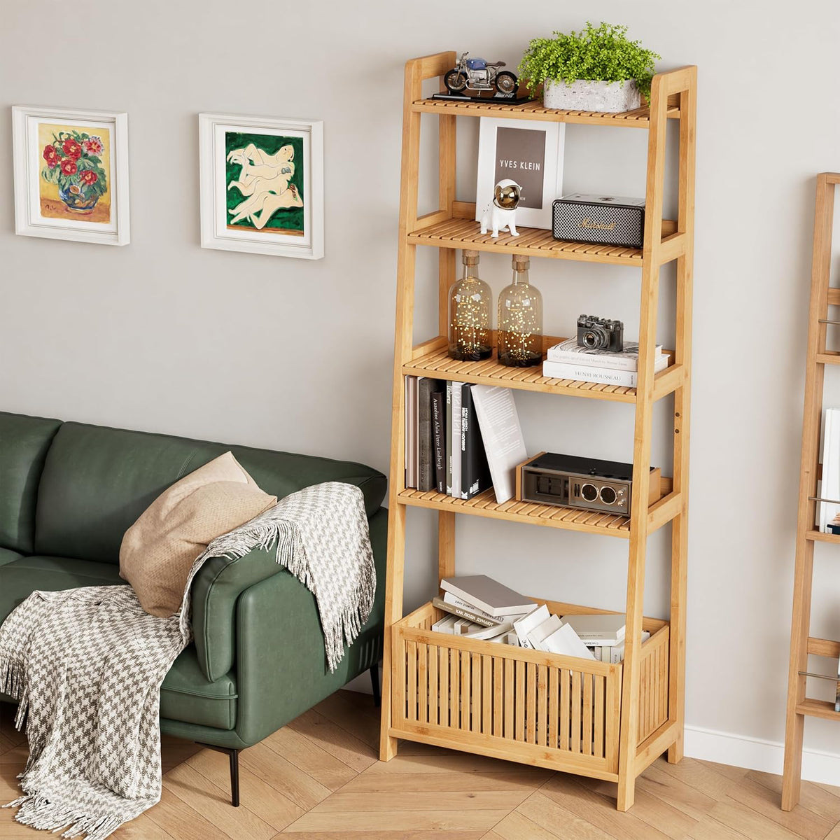 Bamjoy Bamboo Ladder Shelf, Bookshelf with 4 Display Shelves and 1 Open Storage Basket, Multifunctional Storage Rack Organizer for Home Office, Bedroom, Living Room, 66â H Natural