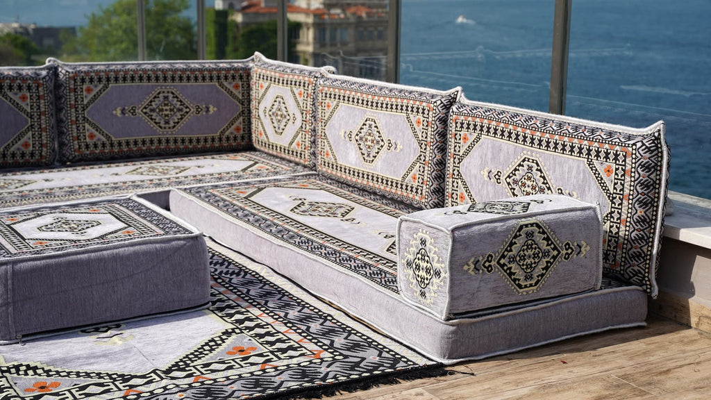 Gray L Shaped Pallet Cushions, Arabic Floor Sofa Set, Oriental Floor Seating, Sectional Floor Cushion, Indoor Floor Pillows, Arabic Majlis Set, Sofa Bed (U Sofa + Rug + Ottoman, 8'' Thickness (20 cm))