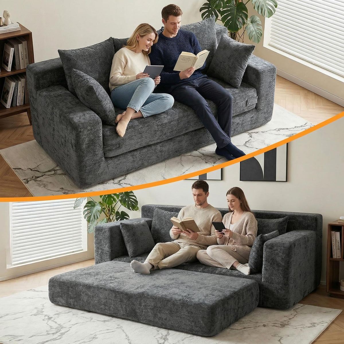 55" Small Boneless Couch, 3-in-1 Boneless Loveseat Sleeper Sofa Bed Convertible Sofa Bed with 4 Pillows, Black Corduroy Boneless Couch for Living Room, Guest Room, Small Space, No Assembly Required