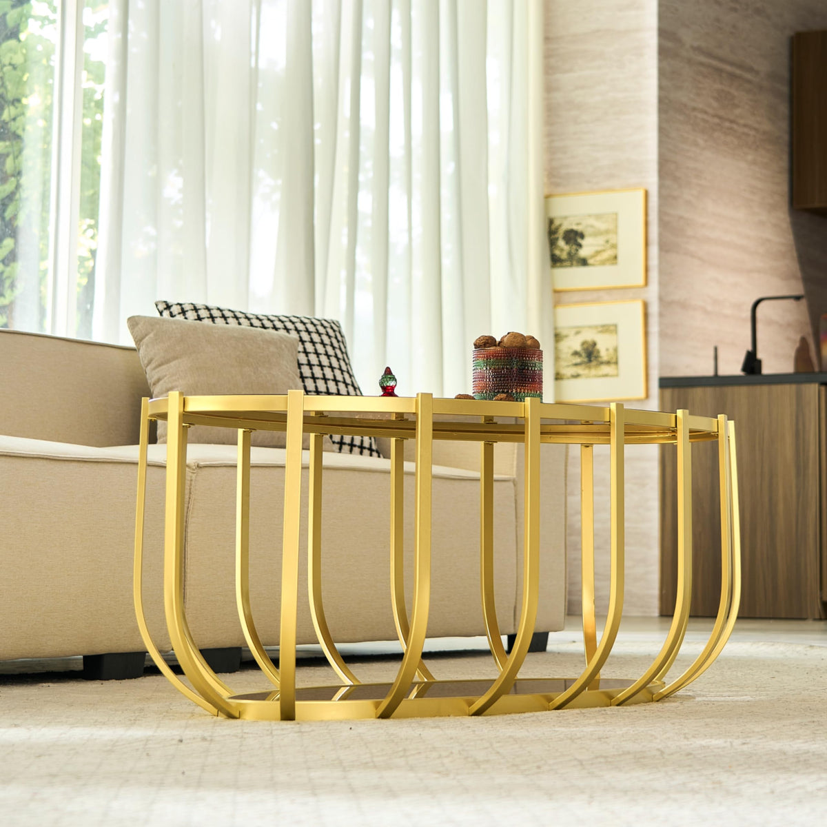 Saint Mossi Gold Round Coffee Table with Clear Glass Top and Glass Shelf