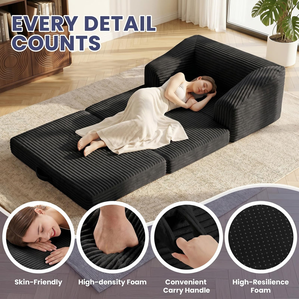 JUIKURY Convertible Sofa Bed, 3-in-1 Foldable Loveseat Couch with Armrest, Corduroy Floor Sofa & Sleeper Bed, No Assembly High-Density Foam Futon Mattress for Living Room, Small Apartment, Dorm