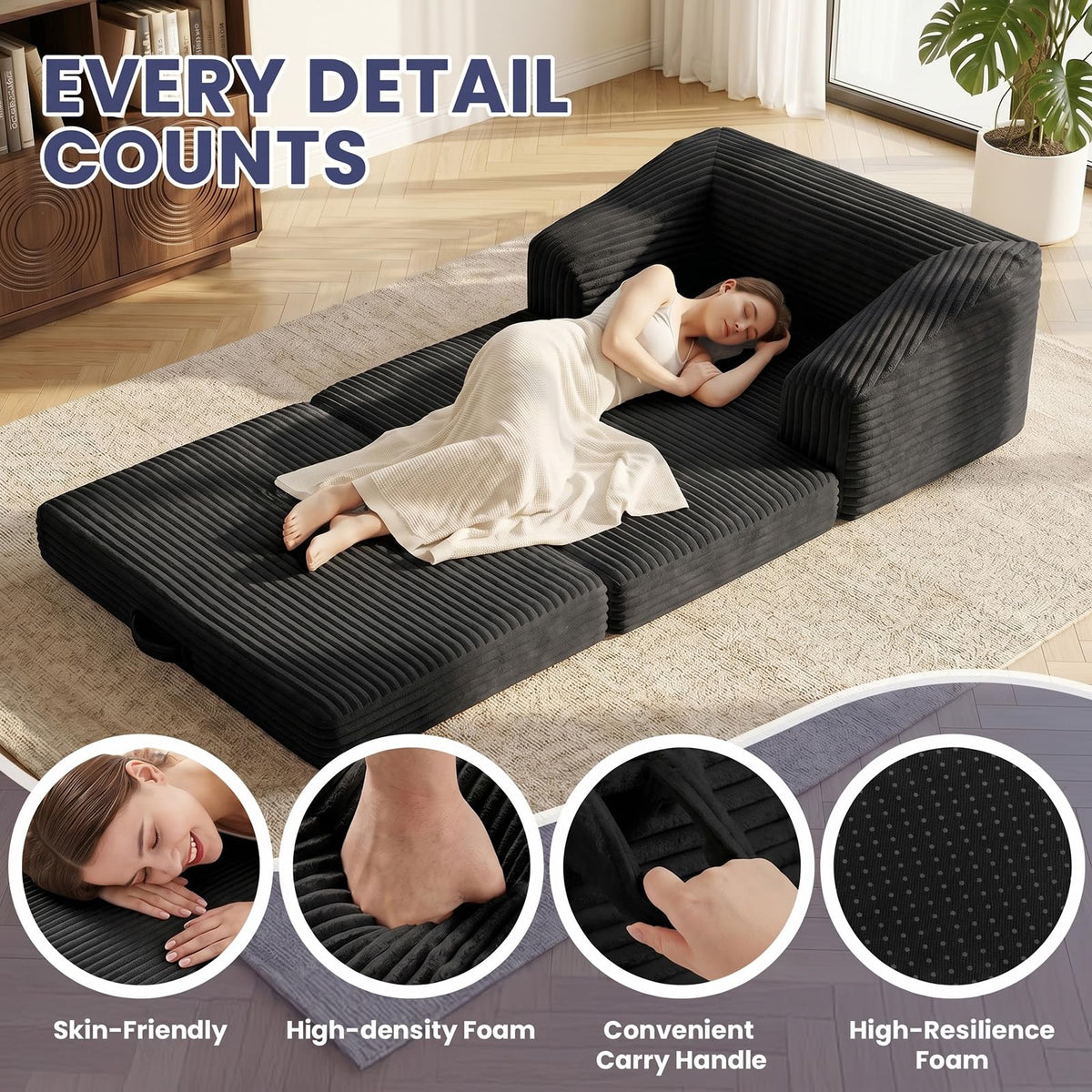 JUIKURY Convertible Sofa Bed, 3-in-1 Foldable Loveseat Couch with Armrest, Corduroy Floor Sofa & Sleeper Bed, No Assembly High-Density Foam Futon Mattress for Living Room, Small Apartment, Dorm