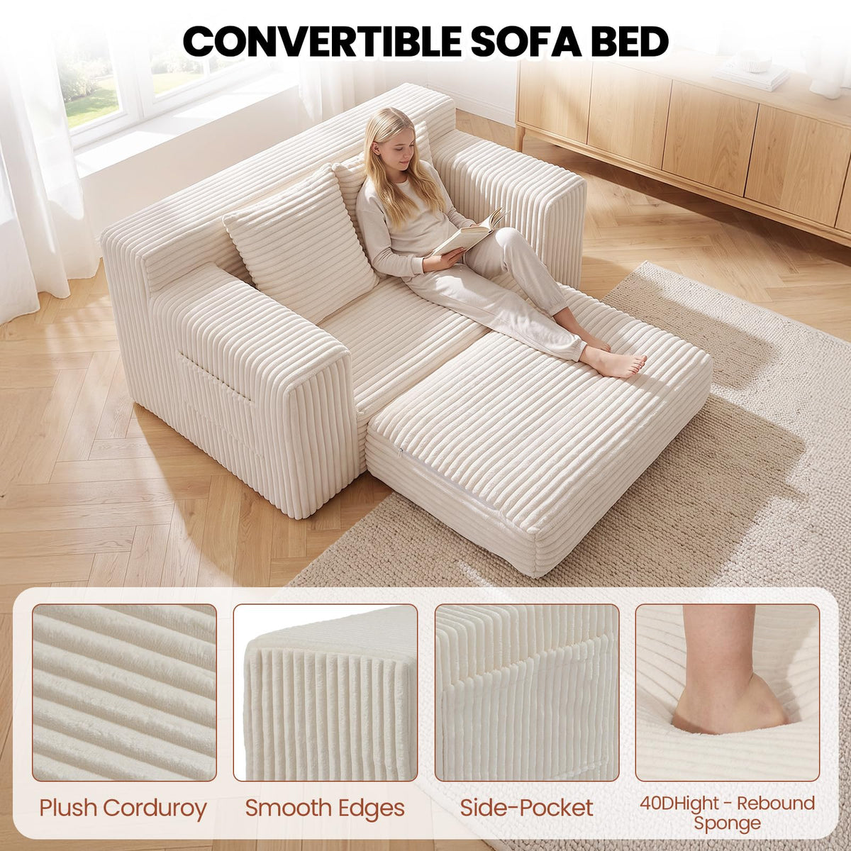 Small Boneless Couch, Boneless Loveseat Convertible Sofa Bed Sleeper Sofa Couch Bed with 2 Pillows, Corduroy Folding Floor Futon Foldable Boneless Couch for Living Room, Guest Room, Small Space, Black