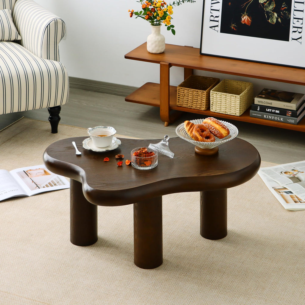 34"(L) Cloud Coffee Table, Modern Wood Coffee Table for Living Room, Accent Center Tables with 3 Legs, Small Tea Tables for Balcony, Patio, Bedroom, Cream White