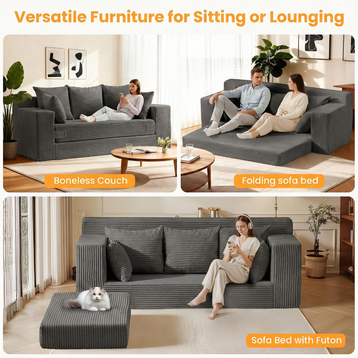 55" Small Boneless Couch, 3-in-1 Boneless Loveseat Sleeper Sofa Bed Convertible Sofa Bed with 4 Pillows, Black Corduroy Boneless Couch for Living Room, Guest Room, Small Space, No Assembly Required