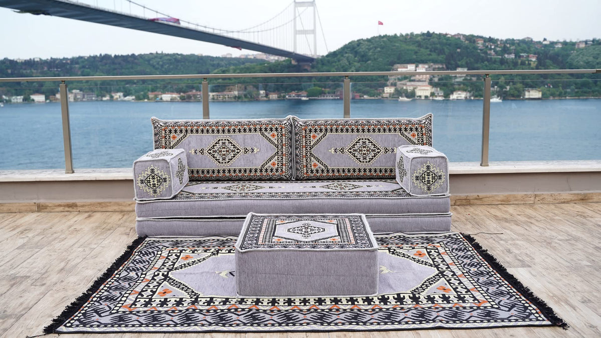 Gray L Shaped Pallet Cushions, Arabic Floor Sofa Set, Oriental Floor Seating, Sectional Floor Cushion, Indoor Floor Pillows, Arabic Majlis Set, Sofa Bed (U Sofa + Rug + Ottoman, 8'' Thickness (20 cm))